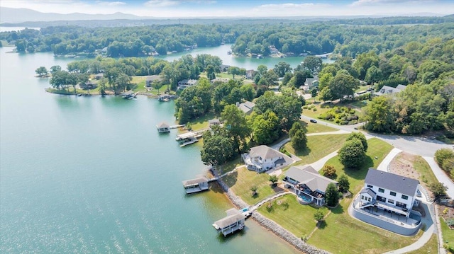 drone / aerial view with a wooded view and a water view