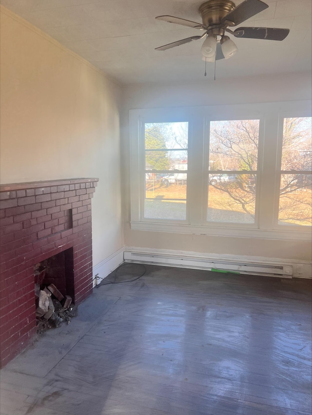 unfurnished living room with a ceiling fan and a fireplace