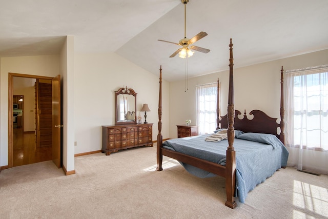 195 Showalter Rd NW, Willis, VA 24380 - bedroom with light colored carpet, vaulted ceiling, and ceiling fan