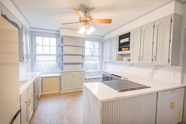 kitchen featuring a ceiling fan, open shelves, light stone countertops, dishwasher, and a peninsula