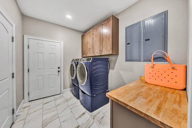 1075 Golf View Ct, Huddleston, VA 24104 - laundry room with cabinet space, electric panel, separate washer and dryer, light marble finish floors, and baseboards