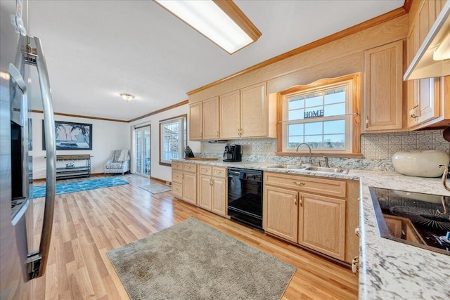 kitchen featuring light brown cabinetry, black appliances, and crown molding