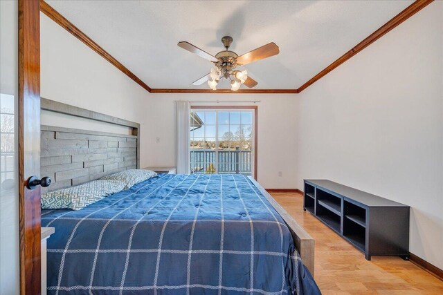 bedroom featuring baseboards, access to exterior, wood finished floors, and ornamental molding