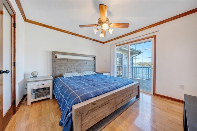 bedroom featuring baseboards, access to exterior, light wood-style floors, and ornamental molding