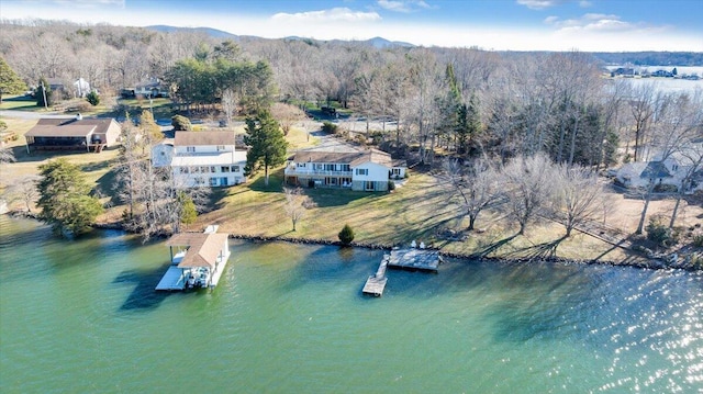 drone / aerial view with a water and mountain view and a view of trees