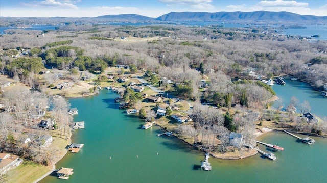 drone / aerial view featuring a water and mountain view