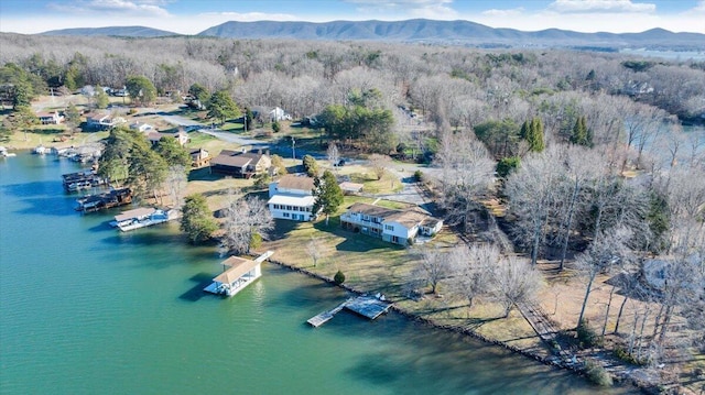 bird's eye view featuring a water and mountain view and a wooded view