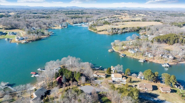 aerial view featuring a forest view and a water view