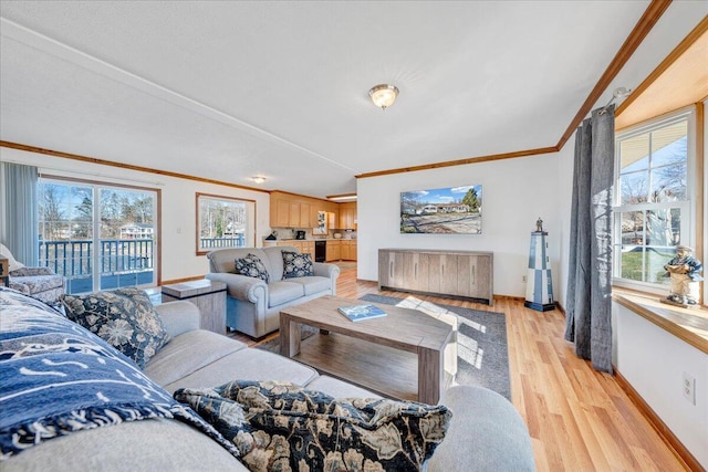 living area with ornamental molding, baseboards, and light wood-style floors