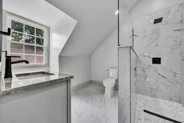 2619 Carolina Ave SW, Roanoke, VA 24014 - full bath with marble finish flooring, toilet, a marble finish shower, vaulted ceiling, and vanity