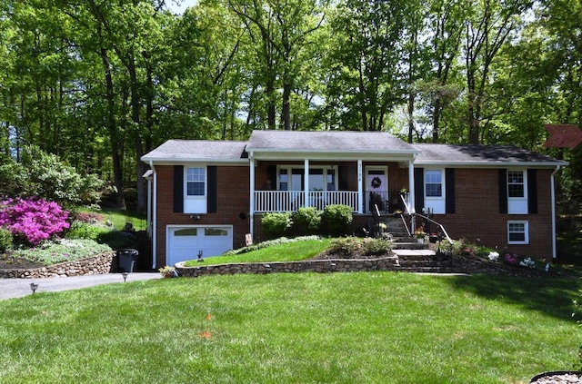 ranch-style home with brick siding, an attached garage, driveway, and a porch