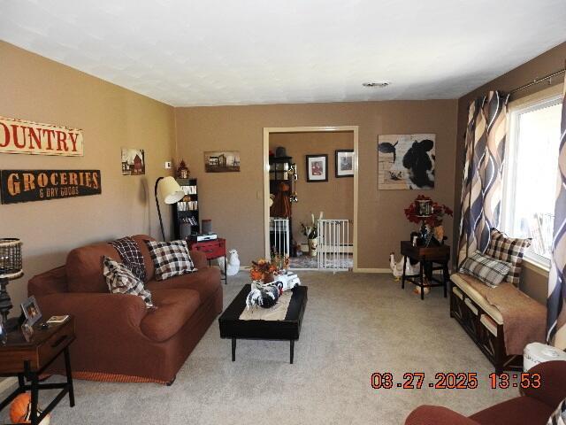 carpeted living room featuring baseboards and radiator heating unit