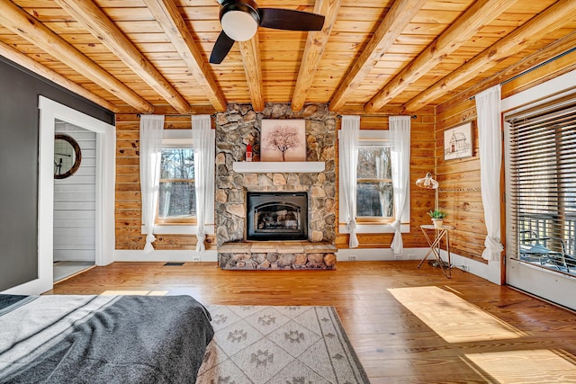 1536 Mount Airy Rd, Lynch Station, VA 24571 - unfurnished living room with wooden ceiling, beam ceiling, a fireplace, wood walls, and wood-type flooring