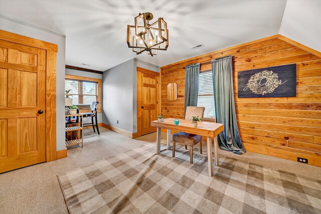 1536 Mount Airy Rd, Lynch Station, VA 24571 - office with a notable chandelier, wood walls, baseboards, light colored carpet, and visible vents
