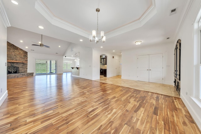 7425 Willow Leaf Cir, Roanoke, VA 24018 - unfurnished living room with ornamental molding, recessed lighting, a fireplace, a chandelier, and ceiling fan