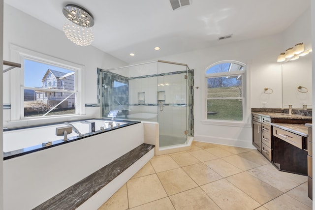 7425 Willow Leaf Cir, Roanoke, VA 24018 - bathroom with vanity, a bath, a shower stall, tile patterned flooring, and a chandelier