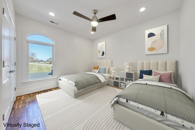 7425 Willow Leaf Cir, Roanoke, VA 24018 - bedroom with wood finished floors, baseboards, ceiling fan, and recessed lighting