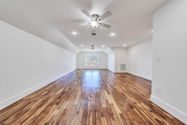 7425 Willow Leaf Cir, Roanoke, VA 24018 - unfurnished living room with a ceiling fan, wood-type flooring, lofted ceiling, baseboards, and recessed lighting