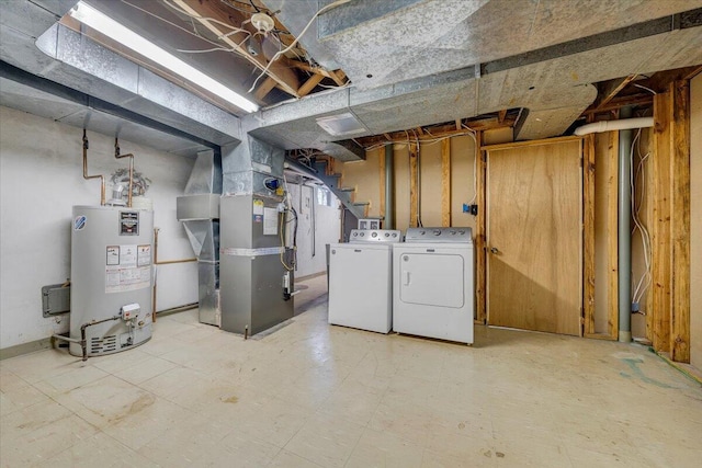 unfinished below grade area with water heater, heating unit, washer and clothes dryer, and stairs