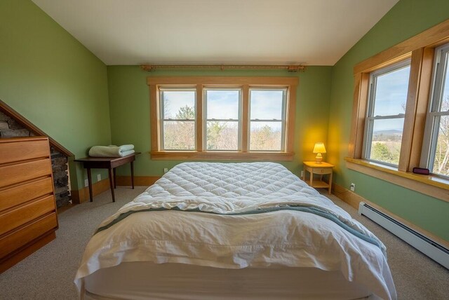 475 Loss Bent Rd NW, Riner, VA 24149 - bedroom with a baseboard heating unit, carpet, baseboards, and lofted ceiling
