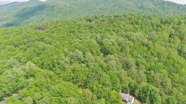 birds eye view of property featuring a mountain view and a forest view