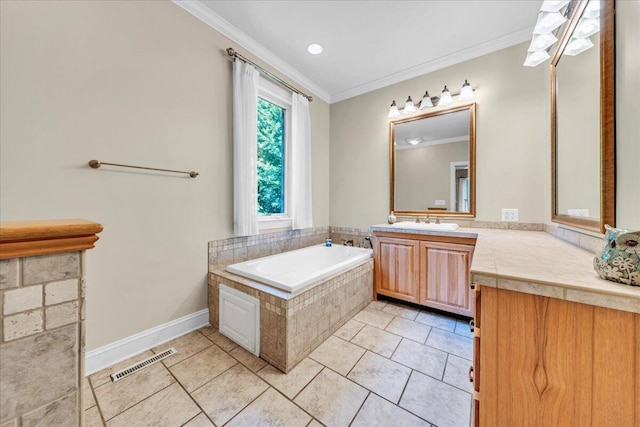 bathroom with vanity, ornamental molding, tile patterned floors, visible vents, and a bath
