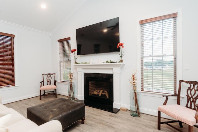 living area with vaulted ceiling, wood finished floors, a fireplace with raised hearth, baseboards, and ornamental molding