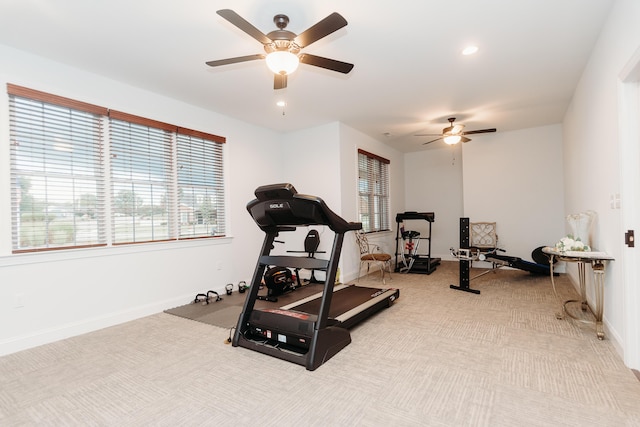 workout room with baseboards, carpet flooring, ceiling fan, and recessed lighting
