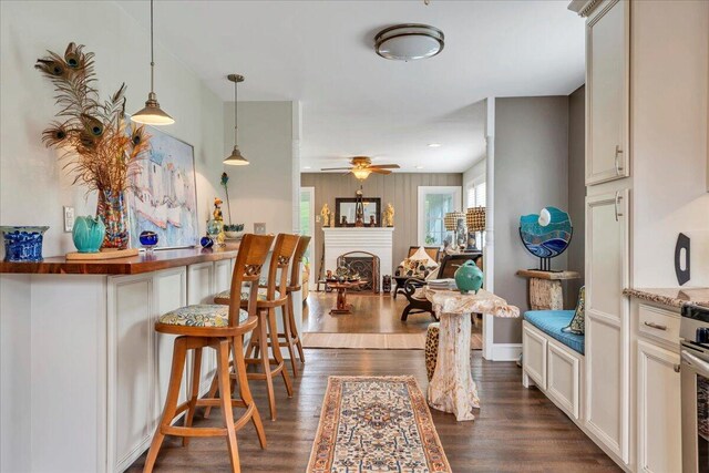 721 Mount Vernon Ave, Salem, VA 24153 - kitchen with a fireplace, pendant lighting, dark wood-style floors, and a ceiling fan