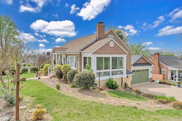 721 Mount Vernon Ave, Salem, VA 24153 - exterior space with driveway, a chimney, an attached garage, metal roof, and a lawn
