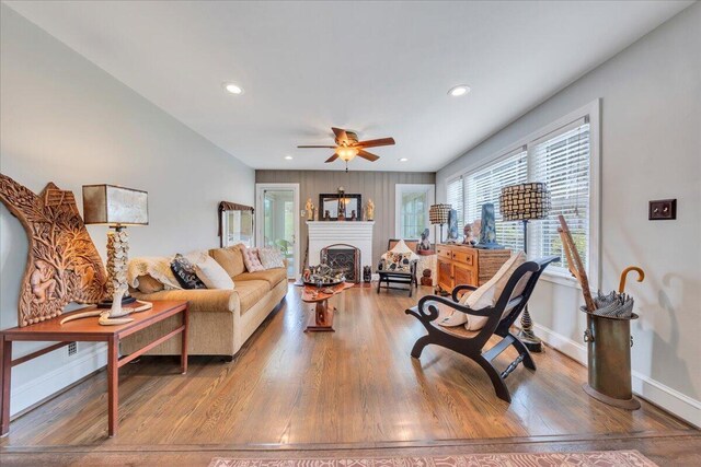 721 Mount Vernon Ave, Salem, VA 24153 - living area with recessed lighting, baseboards, ceiling fan, a fireplace, and wood finished floors
