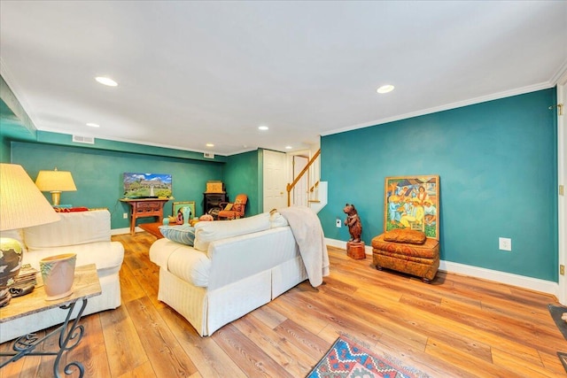 721 Mount Vernon Ave, Salem, VA 24153 - living area featuring hardwood / wood-style flooring, baseboards, stairs, ornamental molding, and recessed lighting