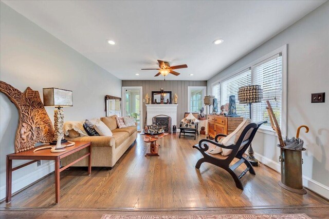721 Mount Vernon Ave, Salem, VA 24153 - living room with baseboards, a fireplace, wood finished floors, recessed lighting, and a ceiling fan