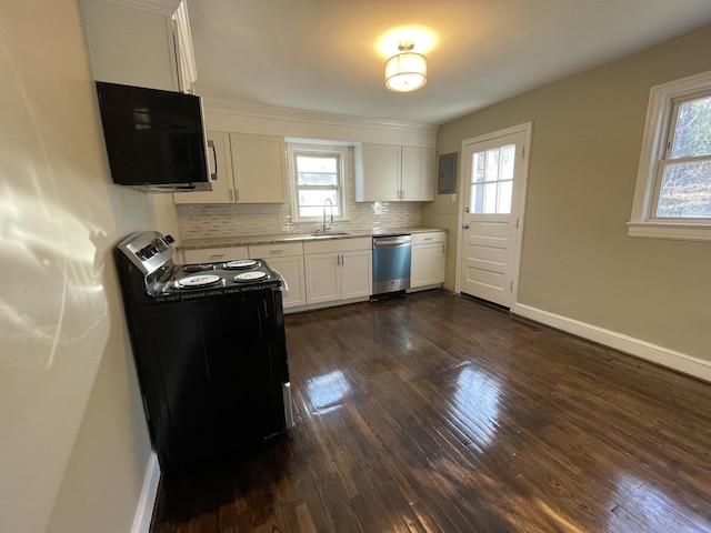kitchen with stainless steel dishwasher, plenty of natural light, black electric range oven, and a sink