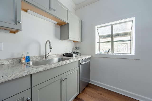 3512 Conner Grove Rd SW, Willis, VA 24380 - kitchen with stainless steel dishwasher, a sink, baseboards, dark wood-style floors, and light countertops