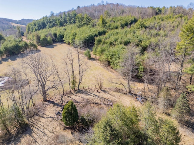 birds eye view of property featuring a forest view