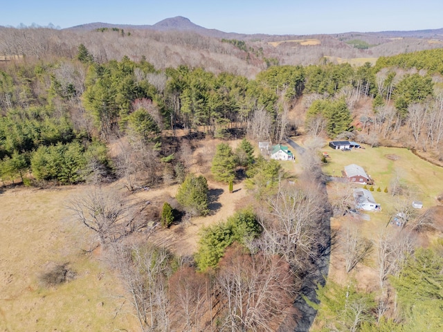 drone / aerial view with a wooded view and a mountain view