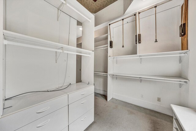 walk in closet featuring light colored carpet