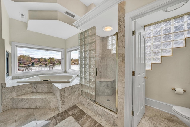 full bath featuring a bath, visible vents, toilet, and tiled shower