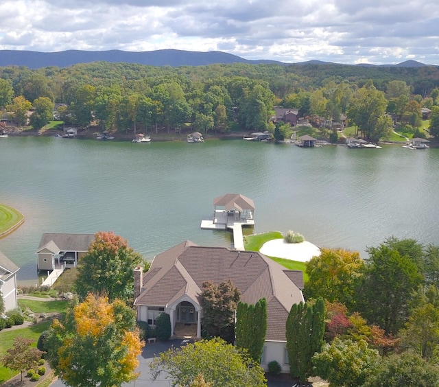 drone / aerial view with a water and mountain view