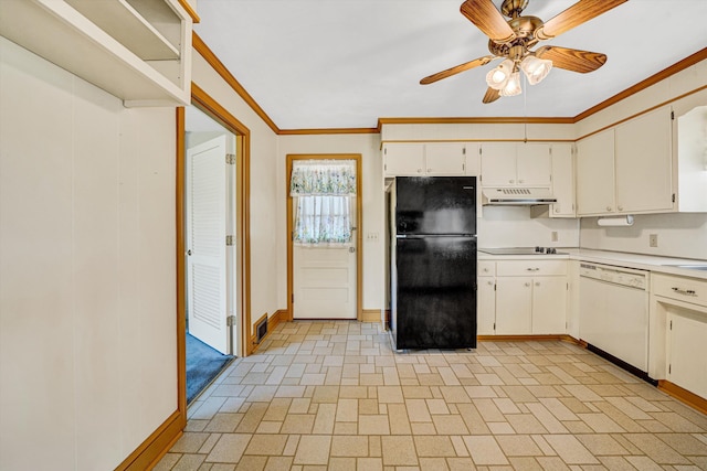 kitchen featuring ornamental molding, baseboards, ceiling fan, under cabinet range hood, and black appliances