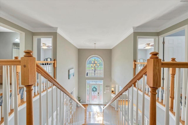 20 Ohara Dr, Daleville, VA 24083 - foyer entrance featuring a high ceiling, ceiling fan with notable chandelier, crown molding, and visible vents