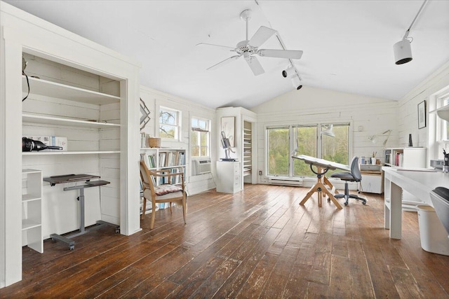 office with a healthy amount of sunlight, ceiling fan, hardwood / wood-style flooring, track lighting, and vaulted ceiling