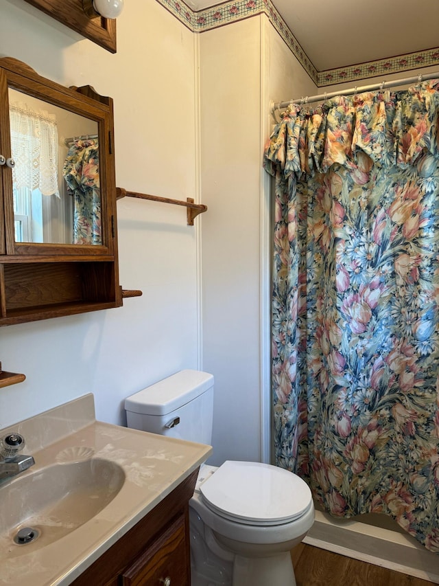 1615 Dolly Ann Dr, Covington, VA 24426 - bathroom with toilet, a shower with shower curtain, vanity, and wood finished floors