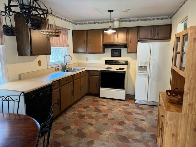 1615 Dolly Ann Dr, Covington, VA 24426 - kitchen featuring white fridge with ice dispenser, electric range, a sink, under cabinet range hood, and light countertops