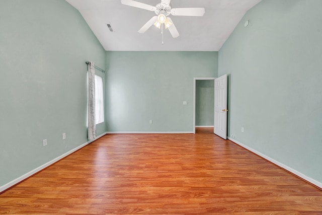 6815 Cee St, Roanoke, VA 24019 - unfurnished room featuring light wood-style flooring, visible vents, ceiling fan, baseboards, and high vaulted ceiling