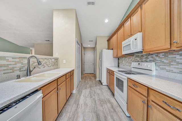 6815 Cee St, Roanoke, VA 24019 - kitchen with a sink, decorative backsplash, white appliances, visible vents, and light countertops