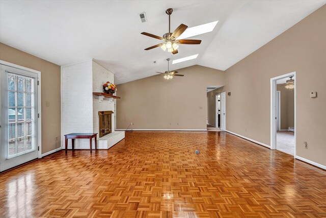 1714 Orchard Dr, Salem, VA 24153 - unfurnished living room with baseboards, a brick fireplace, a skylight, high vaulted ceiling, and ceiling fan