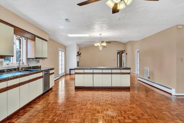 1714 Orchard Dr, Salem, VA 24153 - kitchen with a sink, ceiling fan with notable chandelier, stainless steel dishwasher, a baseboard heating unit, and lofted ceiling