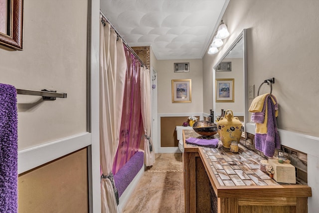 113 Lake Park Dr, Union Hall, VA 24176 - bathroom with vanity, ornamental molding, and curtained shower